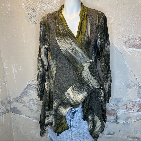 Ania A vintage open front asymmetrical cardigan, S green brown, earthy, - Picture 1 of 12